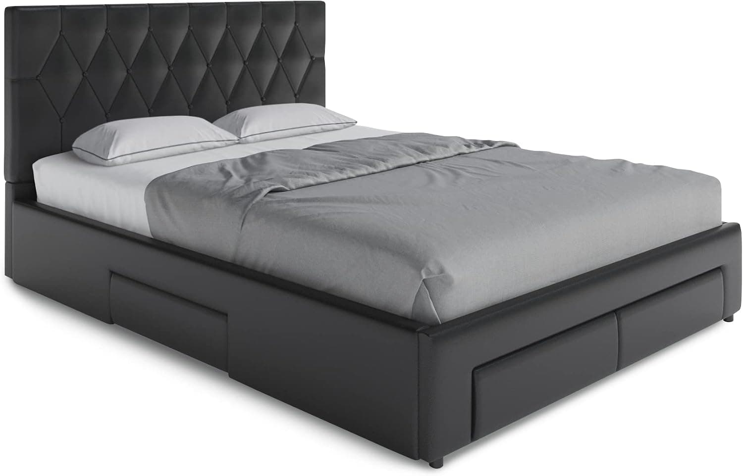 ZTOZZ Faux Leather Upholstered Platform Bed Frame with Headboard and 4 Storage Drawers - PU Upholstered Platform Bed - Black Faux Bed Frame with Roll Out Drawers - Queen Size (Black PU)