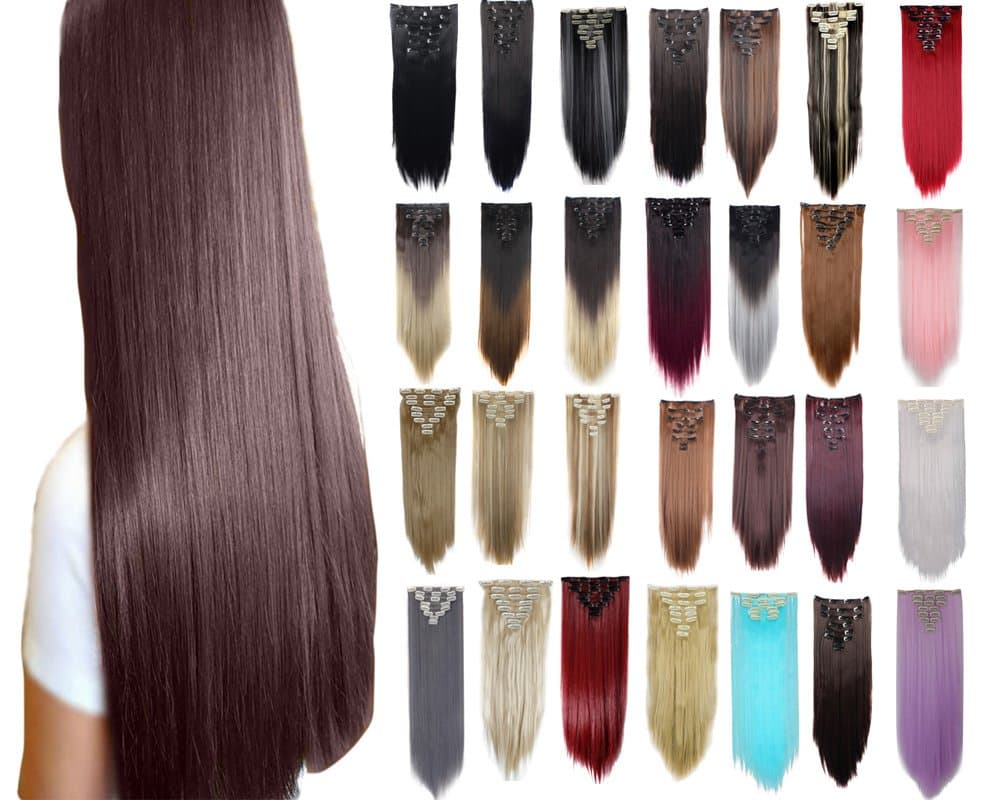 FIRSTLIKE 26" Straight Dark Auburn Clip In Hair Extensions Thick Full Head Long 8 Pieces 18 Clips Soft Silky