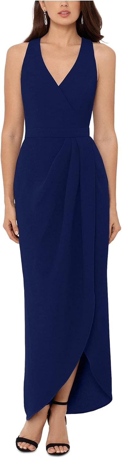 Xscape Womens Navy Zippered Sleeveless V Neck Maxi Evening Tulip Dress 8