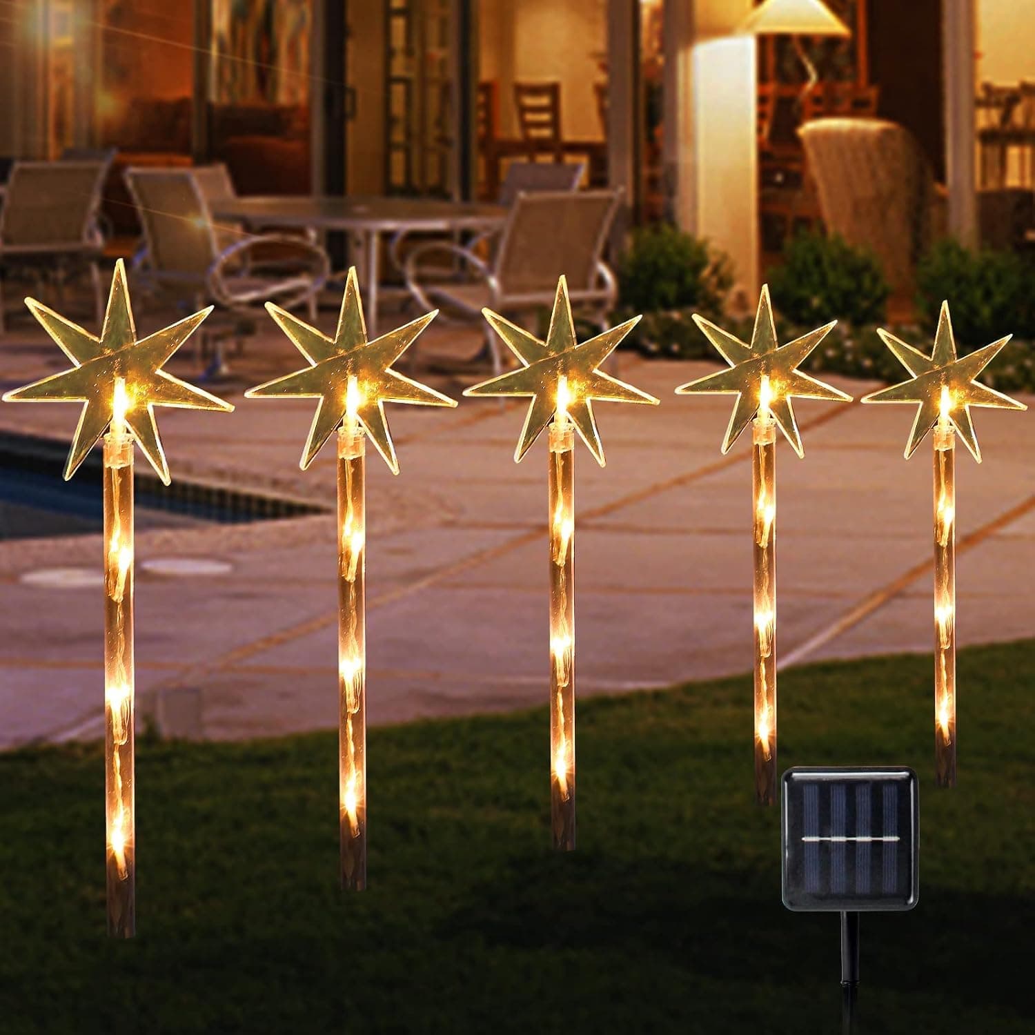 Phreewill Christmas Outdoor Solar Garden Lights, 5 Pack Pre-lit Xmas Six-Pointed Star Christmas Decorations, Waterproof Christmas Pathway Lights for Patio Yard Outdoor