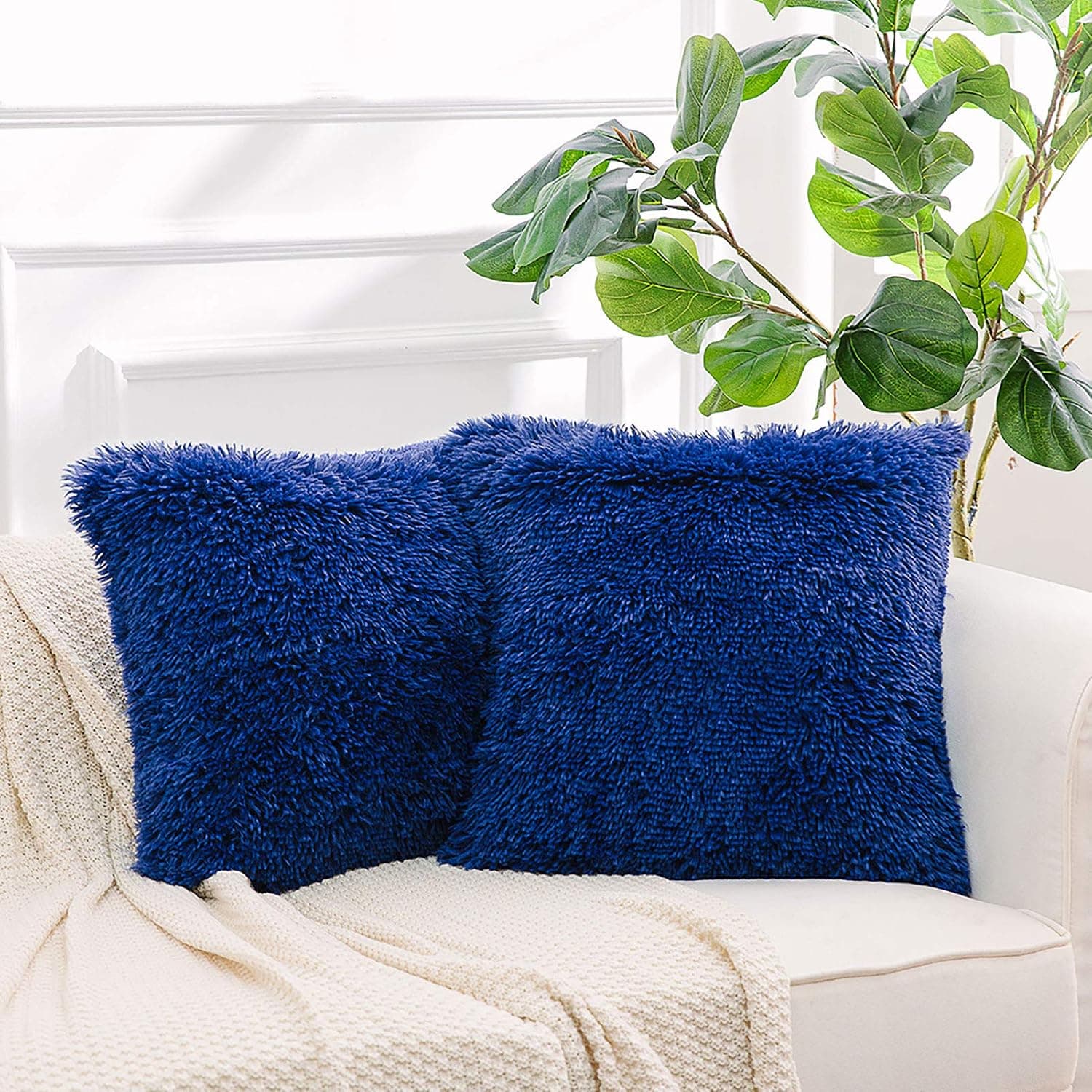 NordECO HOME Luxury Soft Faux Fur Fleece Cushion Cover Pillowcase Decorative Throw Pillows Covers, No Pillow Insert, 16" x 16" Inch, Sapphire Blue, 2 Pack