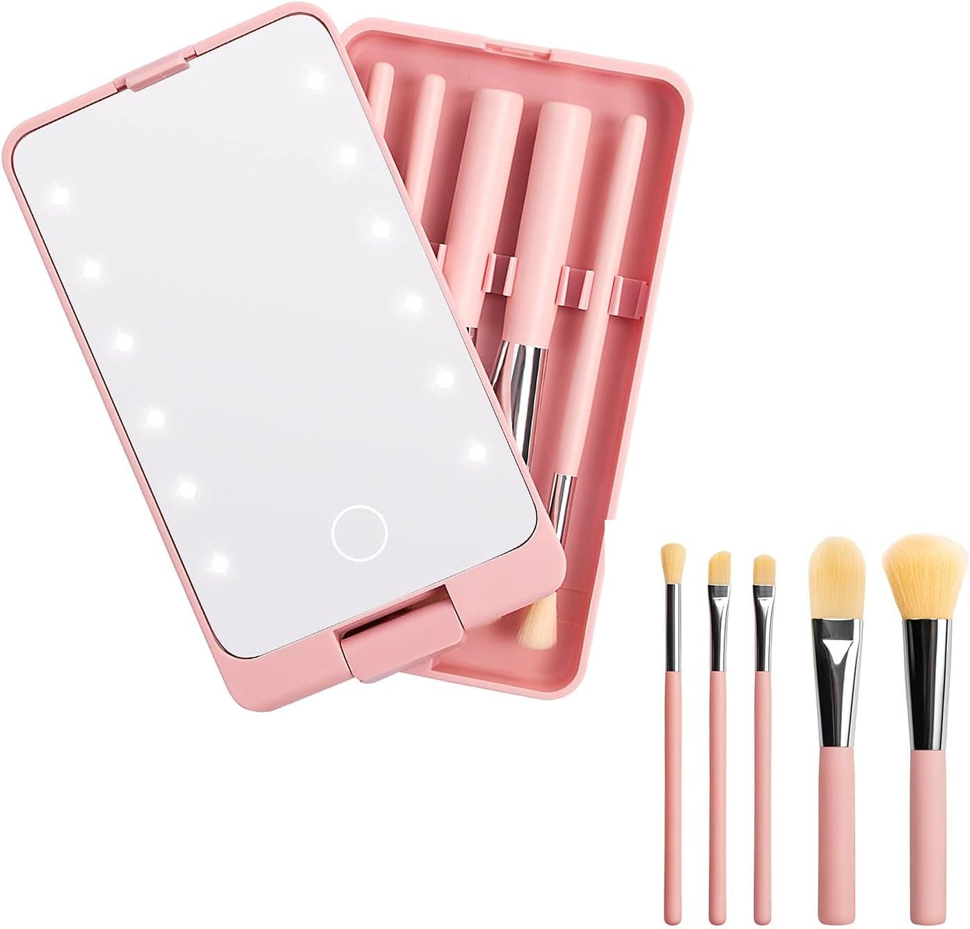 Vcedas LED Lighted Makeup Cosmetic Mirror with Makeup Brushes and 12 Led Lights ,Portable Folding Travel Mirror for Make Up (Pink)