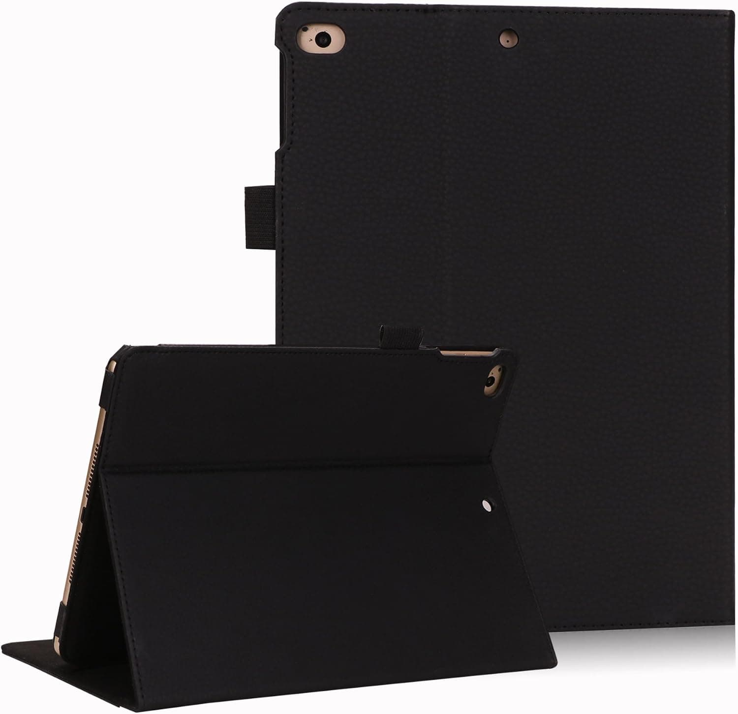 iPad Air Case, FYY Premium PU Leather Case Smart Cover with Card Slots, Pocket, Elastic Hand Strap and Stylus Holder for Apple iPad Air 2013 Generation Black (With Auto Wake/Sleep Feature)