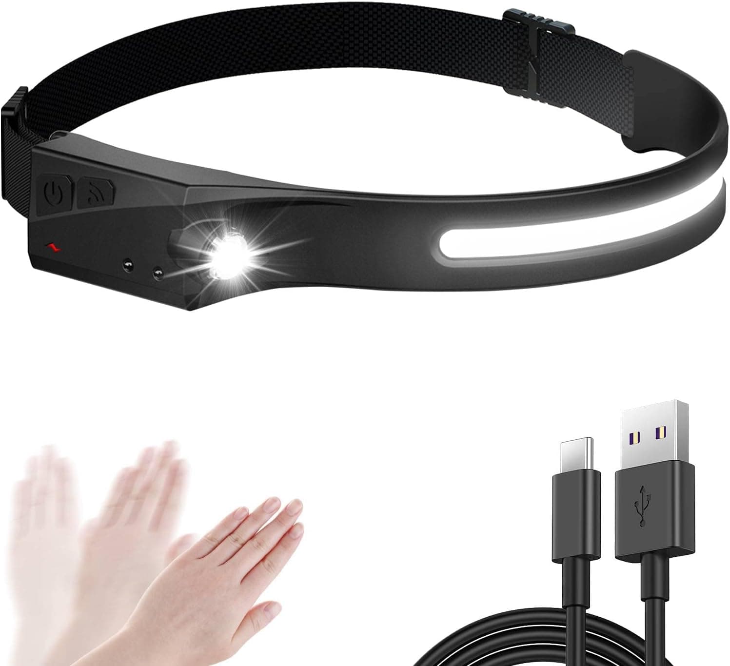 Bright Rechargeable Led Headlamp for Adults, 230° Wide Beam, 350 Lumens, Motion Sensor, 5 Modes Head lamp, Headlights for Head, Headband Light for Outdoor Running, Comfortable Lightweight Waterproof