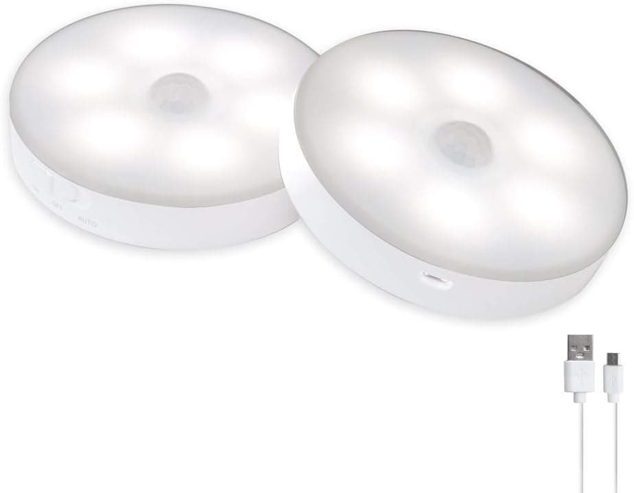 AULTRA Wireless LED Puck Light - Powered LED Lights with Motion Sensor Operated Lighting Used for Under Cabinet Lighting, Night Light, Vanity Lights, Kitchen, Bedroom (2 Count)