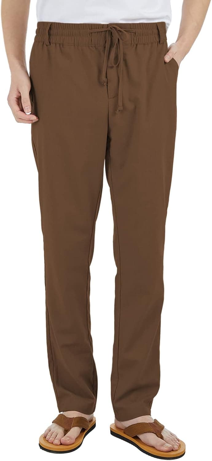 ZIOLOMA Mens Linen Casual Pants Beach Drawstring Elastic Waist Straight-Fit Jogger Summer Lightweight Pant