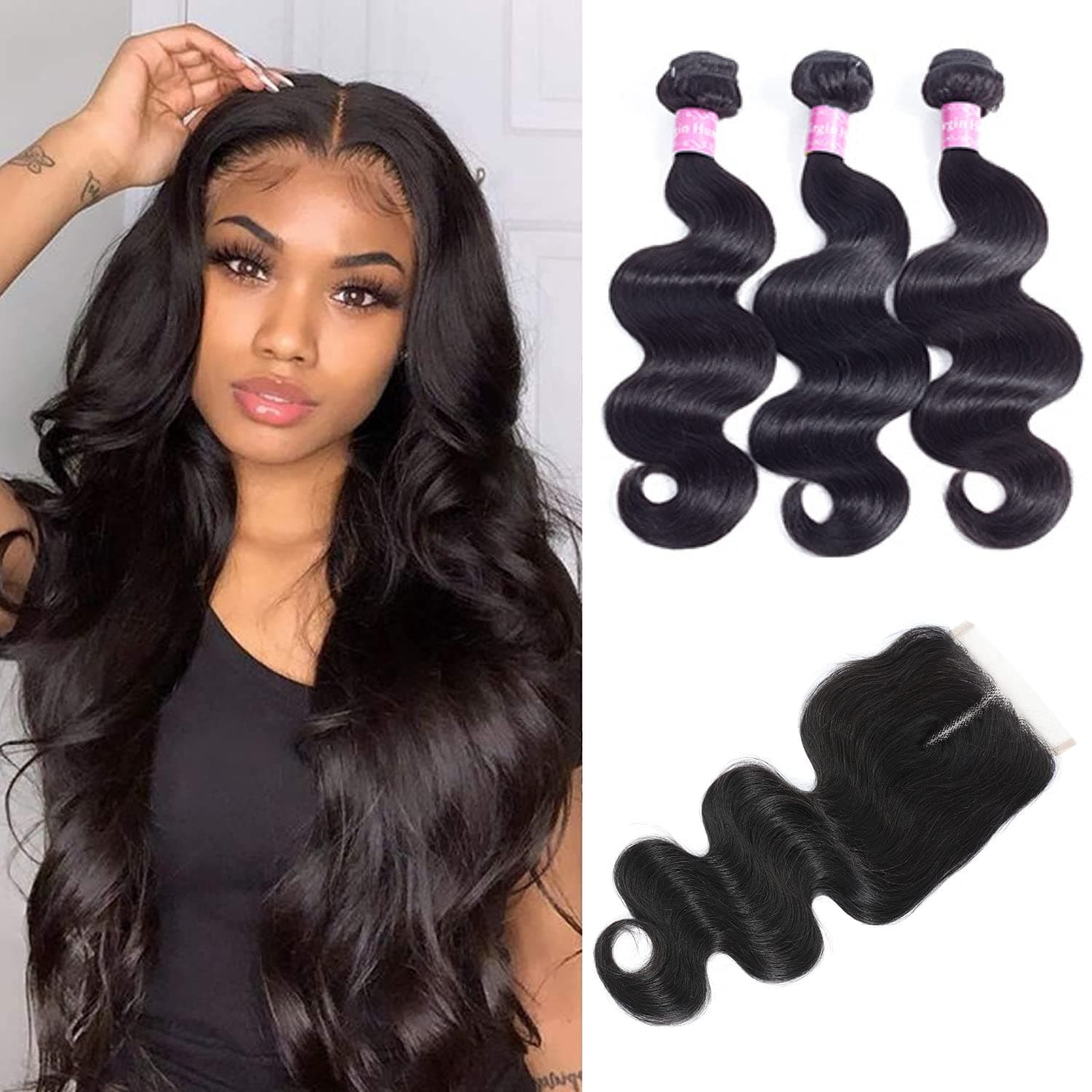 Abbily 10A Brazilian Body Wave Bundles with Closure(14 16 18+12 Closure) Human Hair 3 Bundles with T Part Middle Part Closure Braziian Virgin Human Hair Bundles with 4x0.75inch Hand-Tied Lace Closure
