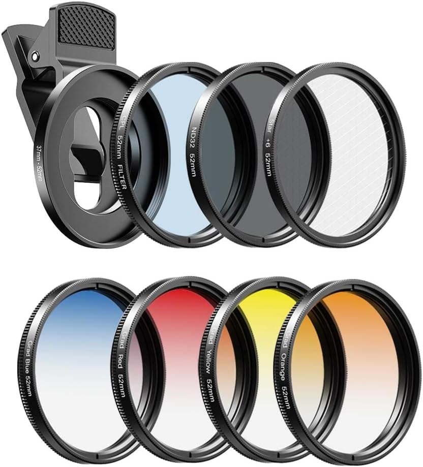 Apexel 52mm Filter Lens Kit (Graduated Filter Lens-Red Orange Yellow Blue, CPL, ND32, Star Lens-6 Point) for Smartphone Camera Canon Nikon Sony Olympus