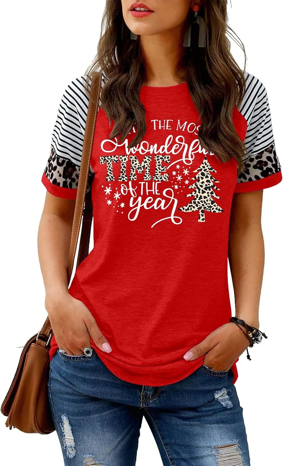 MAIHUN Merry Christmas Shirts for Women Leopard Plaid Christmas Trees Shirt Xmas Holiday Tee Tops