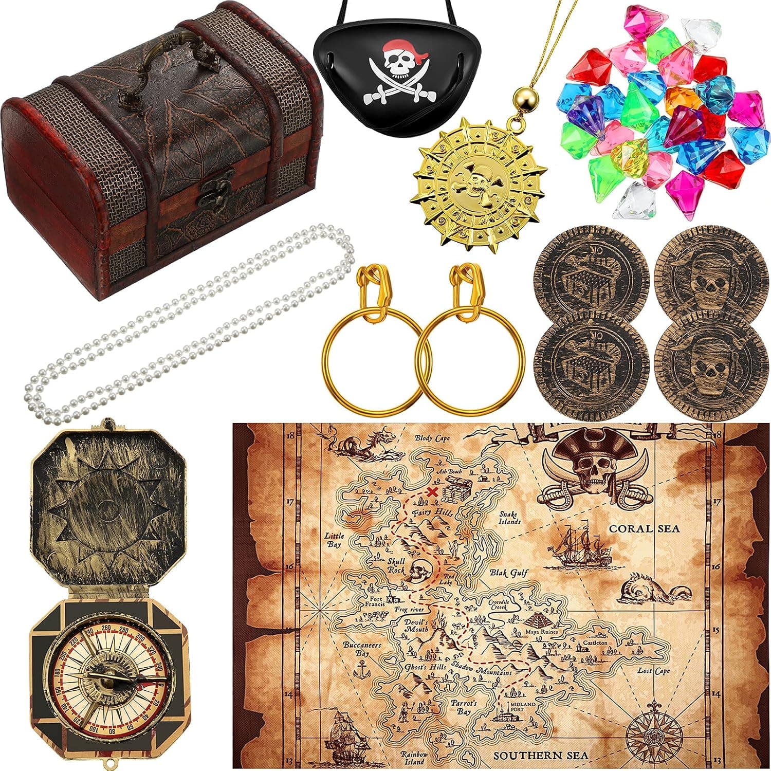 89 Pieces Pirate Treasure Chest Toy Kit Vintage Pirate Treasure Chest Pirate Eye Patch Gold Earrings Gold Coin Gems Plastic Toy Compass Pirate Map for Cosplay Themed Party Favors (Retro Style)