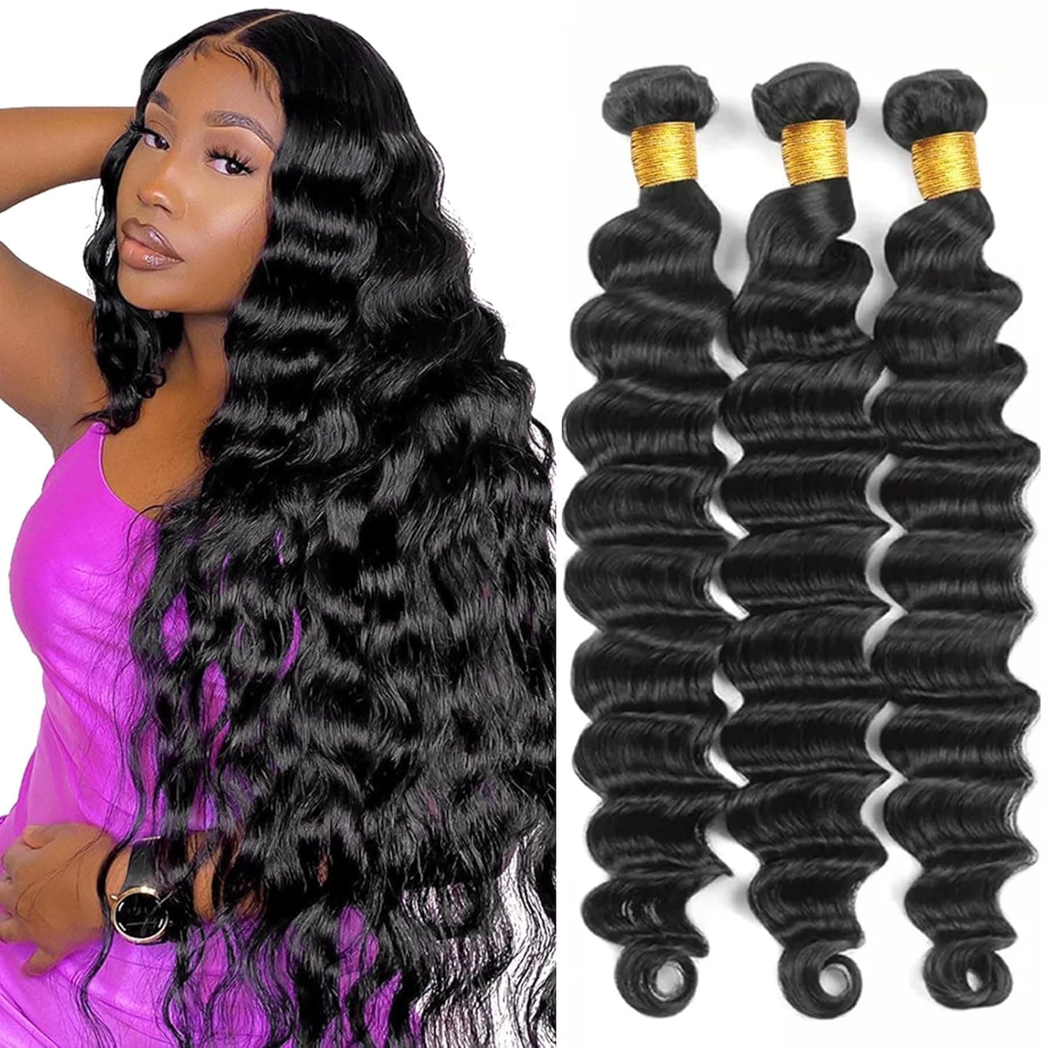 Loose Deep Wave Bundles Human Hair Brazilian Human Hair Bundles Weave Human Hair 3 Bundles Natural Black Color(18 20 22)