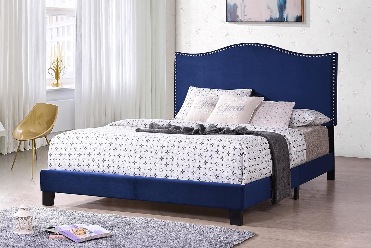 Kings Brand Furniture Clarno Blue Velvet Nailhead Trim Full Size Upholstered Bed