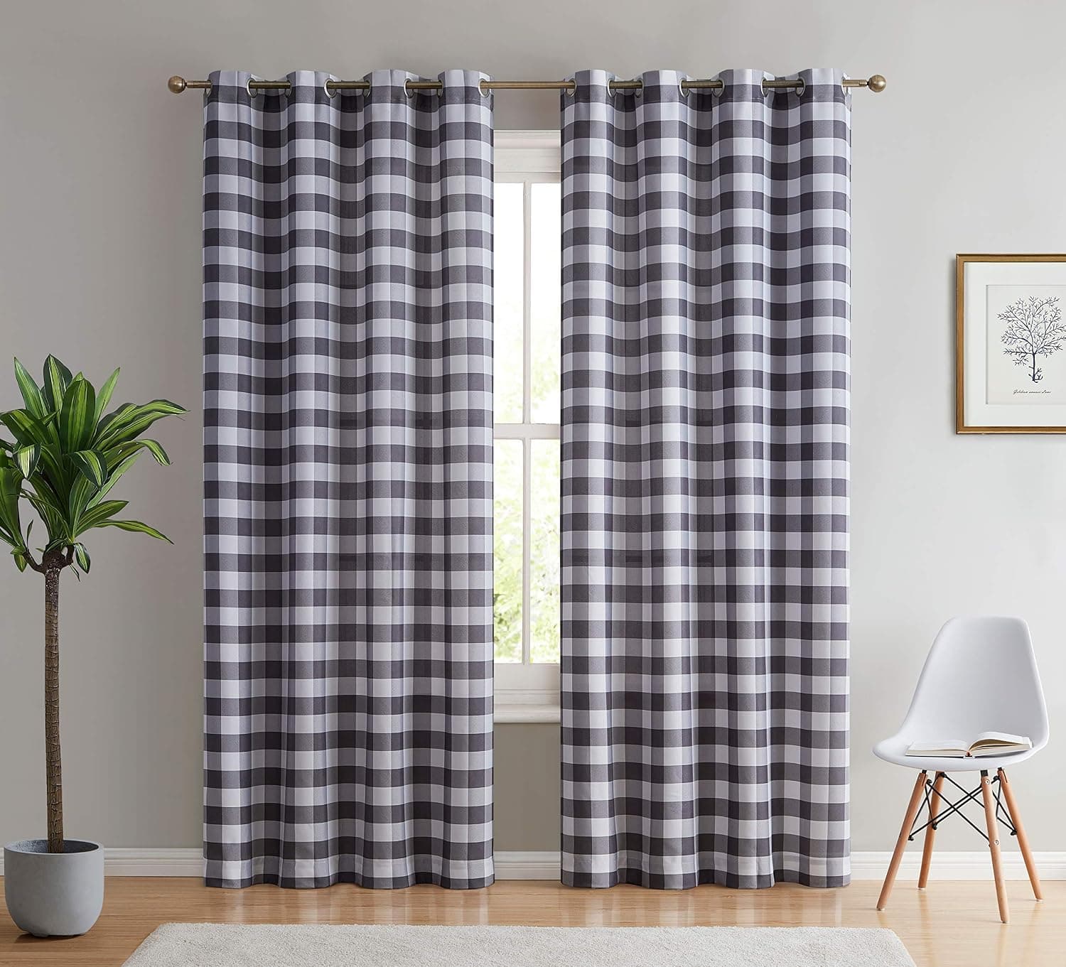 HLC.ME Hilltop Buffalo Check Textured Light Filtering Grommet Lightweight Window Curtains Drapery for Bedroom, Dining Room & Living Room, 2 Panels (52 x 72 Inch, Grey)