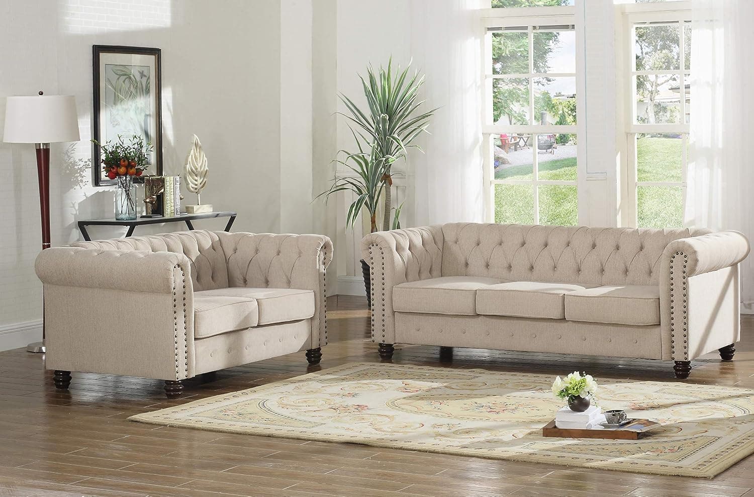 Reaowazo Venice 2 Piece Upholstered Sofa Set, Beige