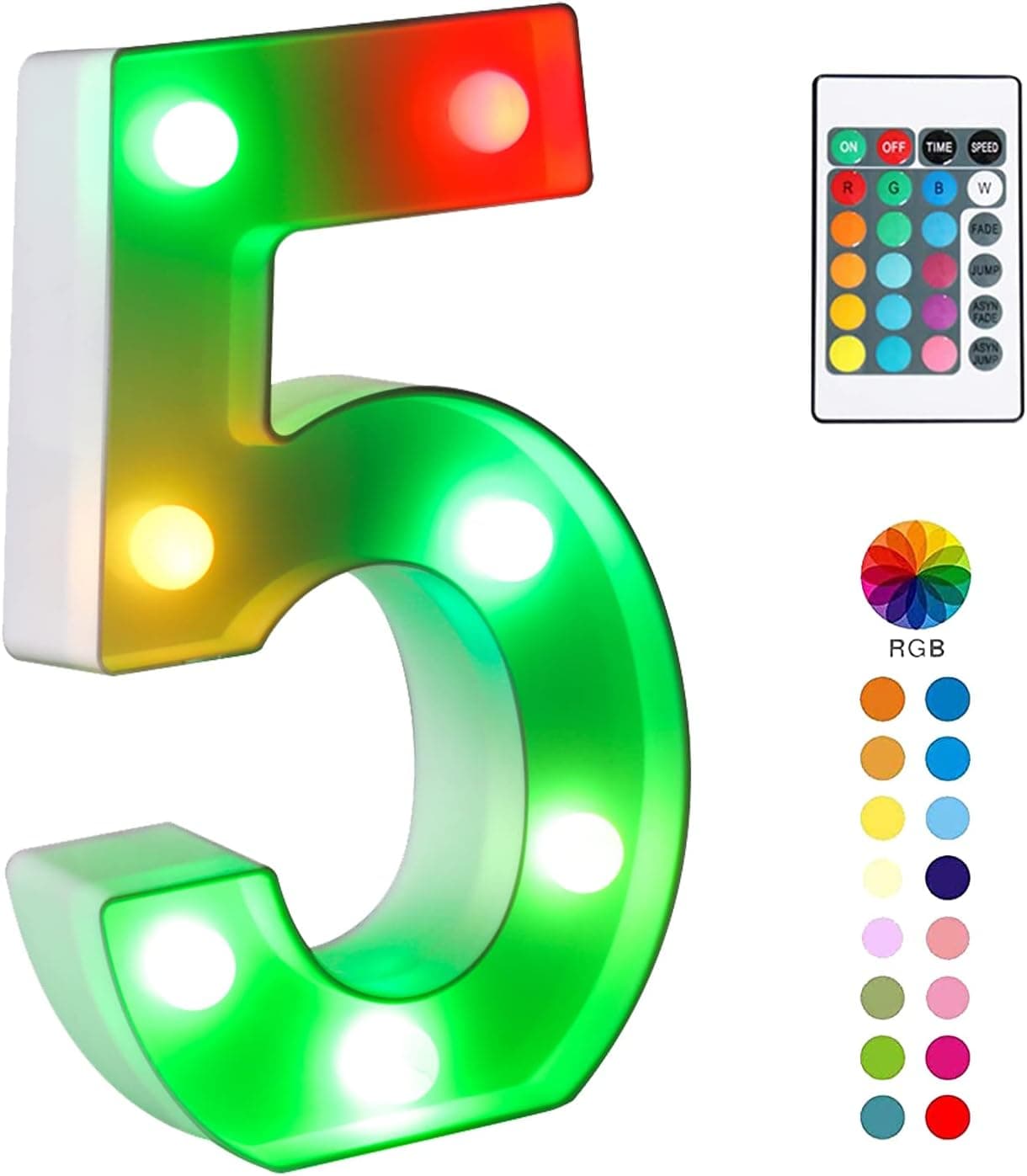 Light Up Digital LED Luminous Number Light 5 Colorful With Remote Control 16 Color Variations LED Marquee Letter Light Sign. Decorative Sign for Party, Birthday, New Year, Anniversary(RGB Number 5)