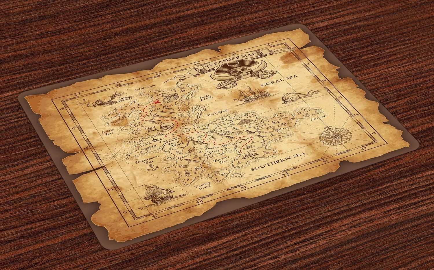 Ambesonne Island Map Place Mats Set of 4, Super Detailed Treasure Map Grungy Rustic Pirates Gold Secret Sea History Theme, Washable Fabric Placemats for Dining Table, Standard Size, Beige Brown