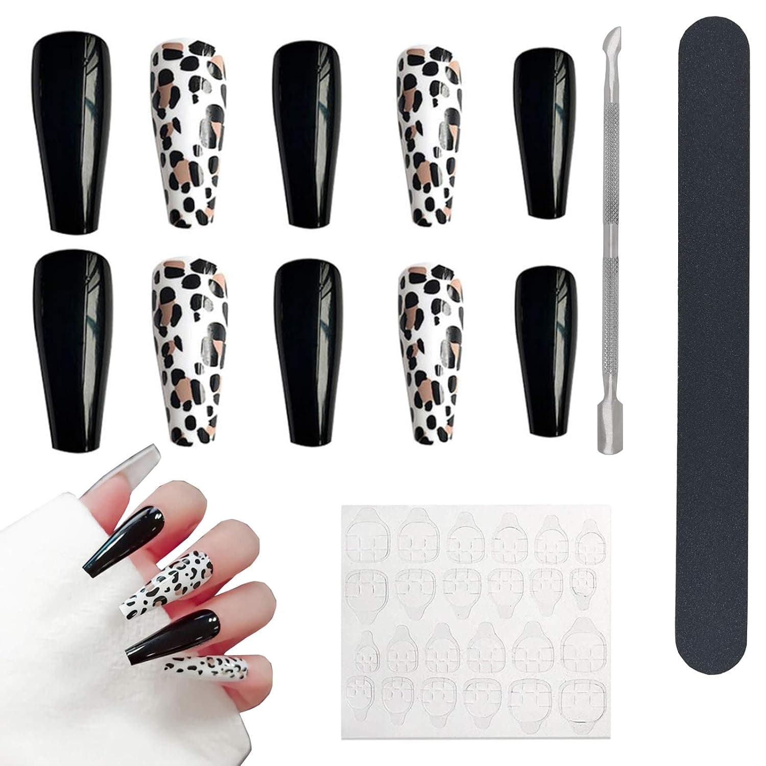 AddFavor Press on Nails Full Cover Acrylic False Fake Nails for Women Girls DIY Manicure (Leopard-Black)