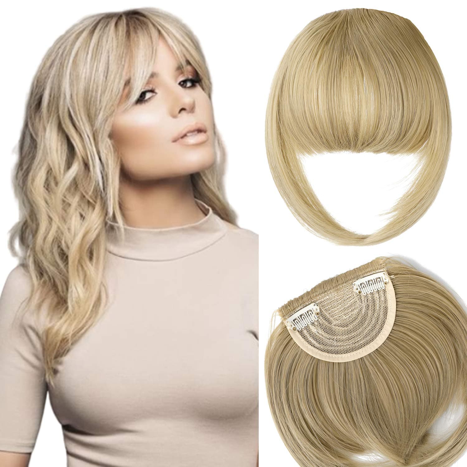 Felendy Clip in Bangs Fringe Front Neat Straight Hairpiece One Piece Clip-on Hair Extensions with Temples Cute Ash Blonde