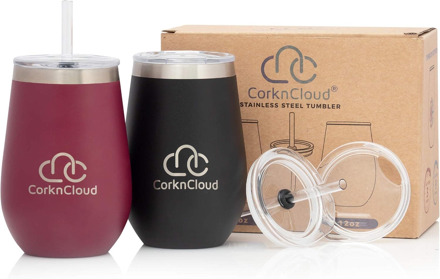 CorknCloud Stemless Stainless Steel Insulated Wine Tumbler with Lid [2 pack]|Insulated Travel Wine Glass or Outdoor Cup |PC Black and PC Burgundy