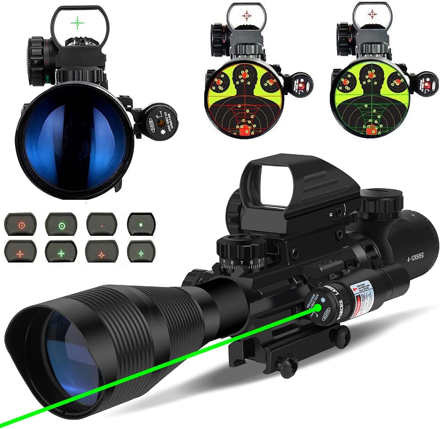 4-12X50 EG Combo Tactical Rifle Scope Dual Illuminated Optics & Rangefinder Illuminated Reflex Sight 4 Holographic Reticle Red/Green Dot Sight & IIIA/2MW Laser Sight(Green)