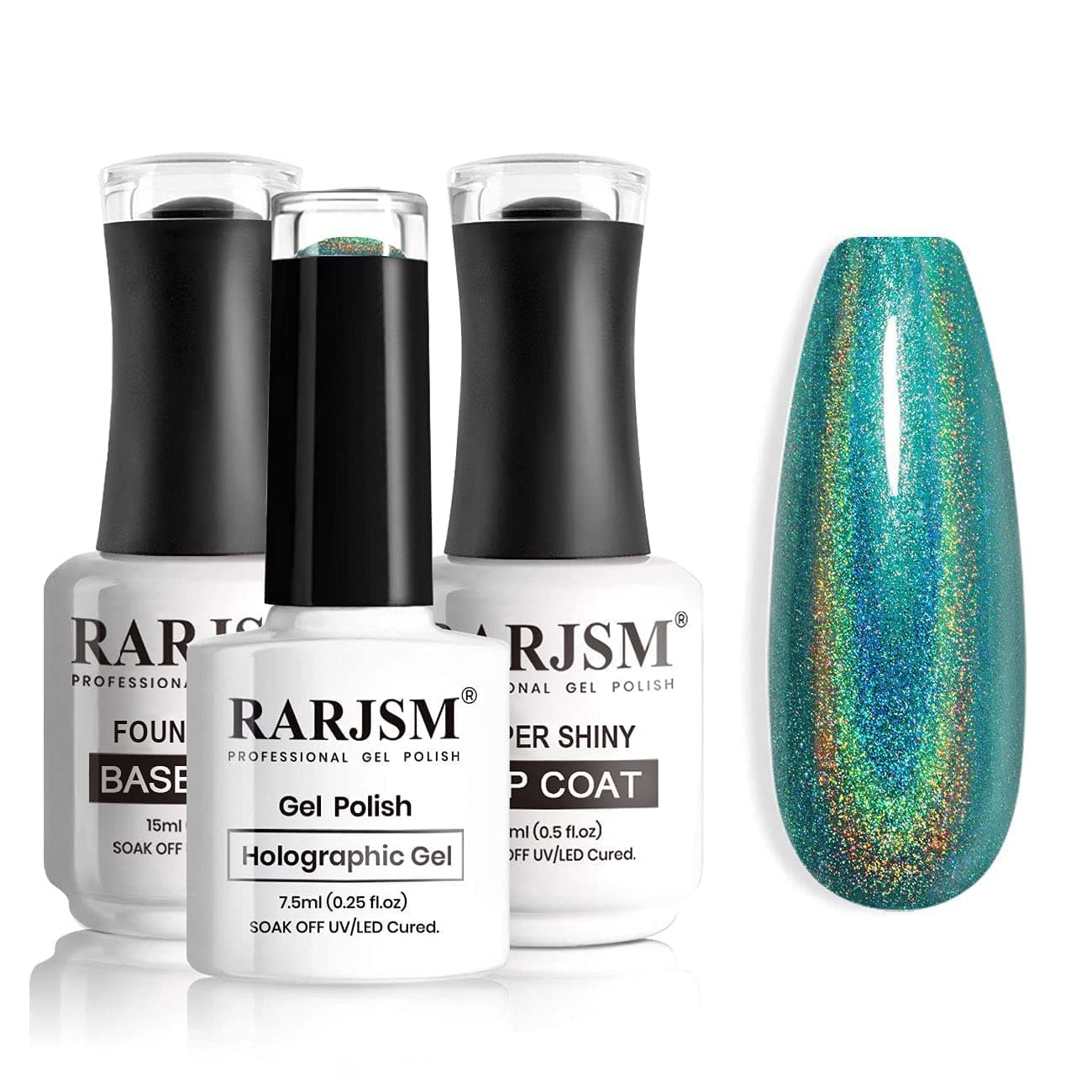 RARJSM Gel Nail Polish Kit with Base and Top Coat - 3PCS Holographic Nail Polish Turquoise Glitter Gel Polish Shiny Top Base Cost Gel Nail Art Manicure Salon DIY at Home