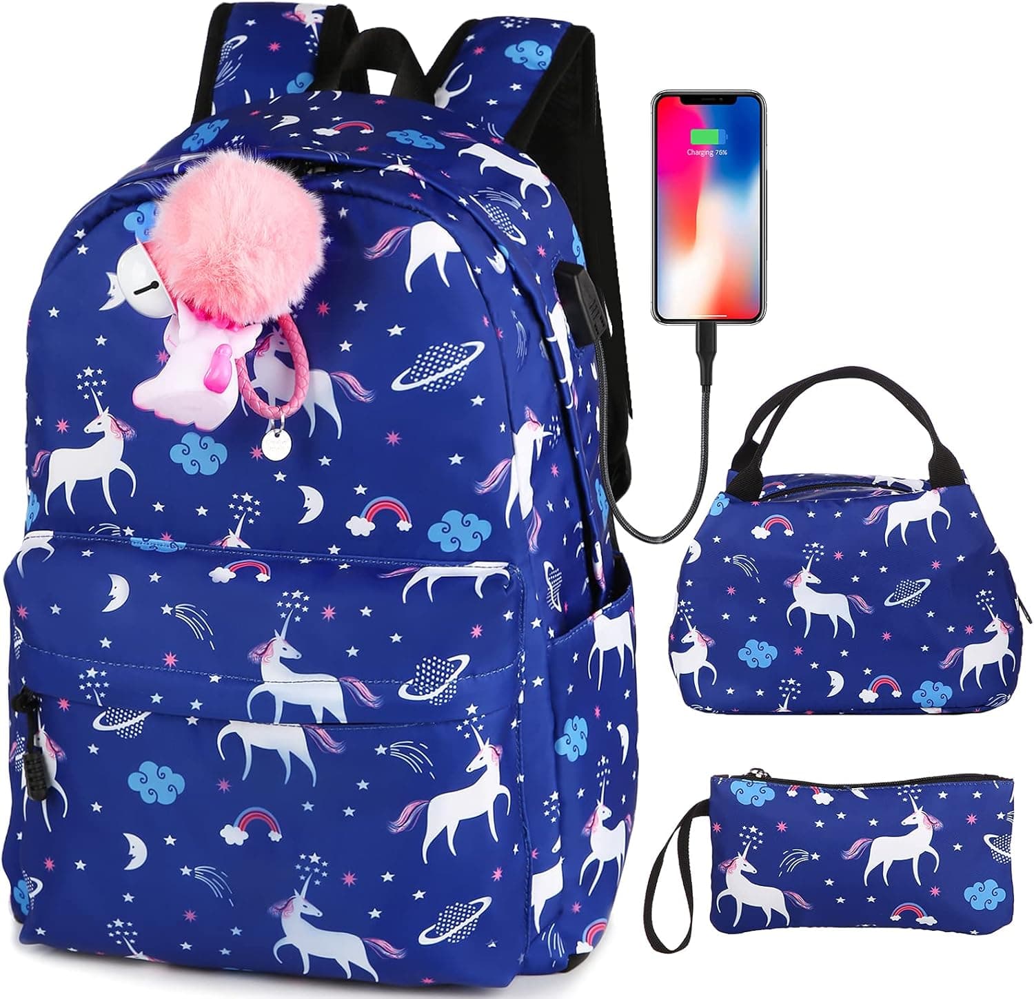 SCIONE School Backpack for Teen Girl, Cute Canvas Bookbag with USB Charging Port, Back to Shool Supplies Gift for Kid