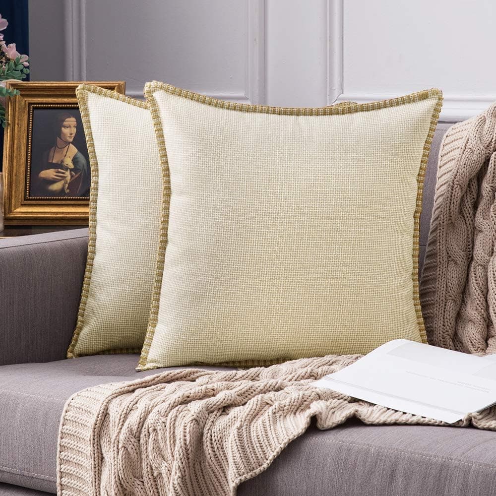MIULEE Pack of 2 Decorative Throw Pillow Covers Farmhouse Modern Trimmed Linen Burlap Cushion Cases Vintage Decor Pillowcases for Couch Sofa Bedroom 24 x 24 Inch Beige