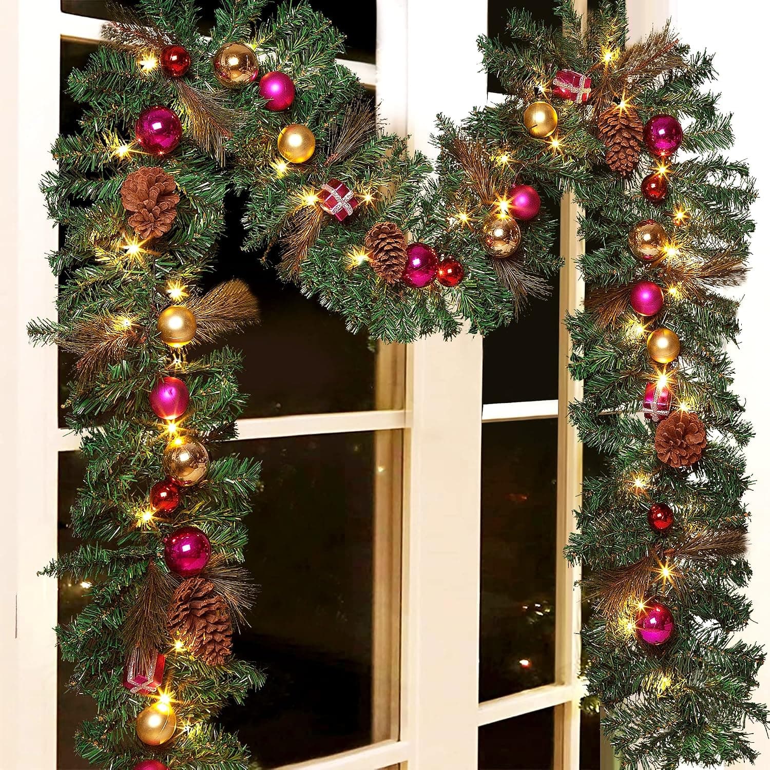 Peyton 9 FT Christmas Garland,Battery Powered 8 Lighting Modes, 50 LEDs Lighted Christmas Garland，christmas garland with linghs