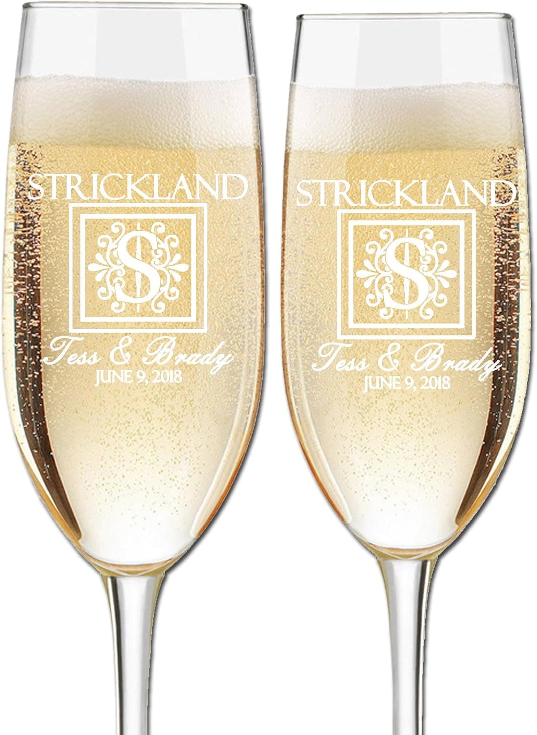 Custom Wedding Champagne Flutes- Set of 2 –Fancy Monogram Initial with First and Last Names and Wedding Date – Personalized for Bride and Groom - Customized Engraved Wedding Gift