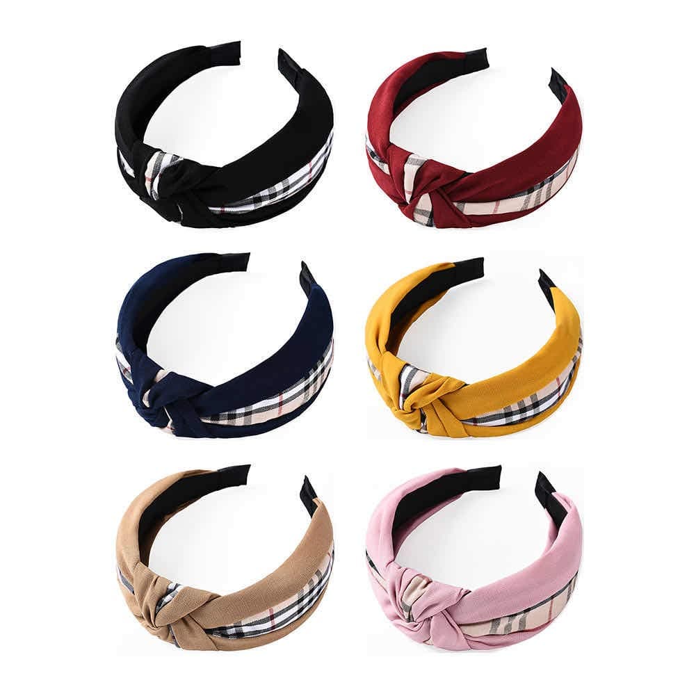 EIGHTOWN Plaid Top Knotted Headband for Women - 6 Pack Designer Hair Bands for Girls - Non-slip Lattice Splicing Hair Hoops for Hair (6 pack splicing style)