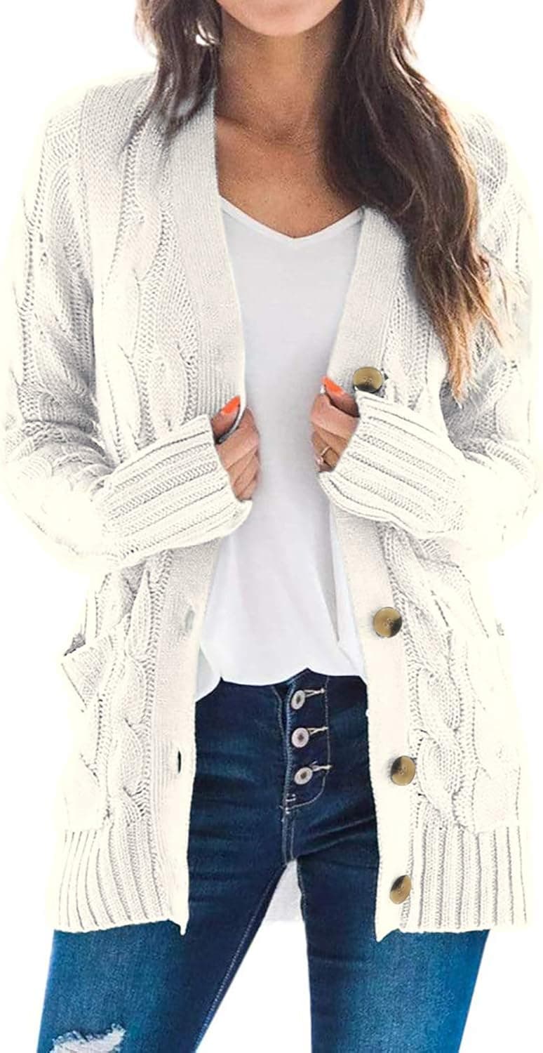 FangxiSha Cardigan Sweaters for Women Clearance Long Sleeve Cable Knit Coat Loose Casual Open Front Button Outerwear Jackets