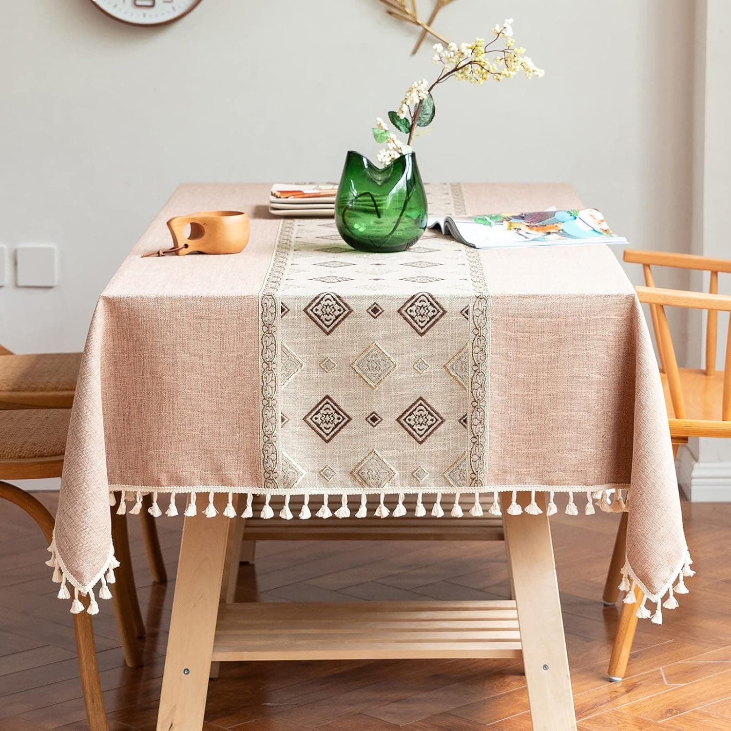 DEYOO Vintage Tablecloth Cute Tablecloth Embroidered Tablecloth Tassel Tablecloth Cotton Linen Tablecloth Rectangle Dust Proof Tablecloth for Kitchen Dining Party (55 x 102 Inch, Light Coffeen)