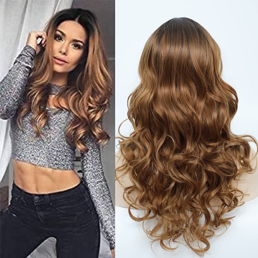 YBSNBEAUTY Ombre Wig for Women Long Brown Curly Synthetic Party Wigs Middle Part Wavy wigs Heat Resistant Fiber(20 Inch, Ombre Brown)