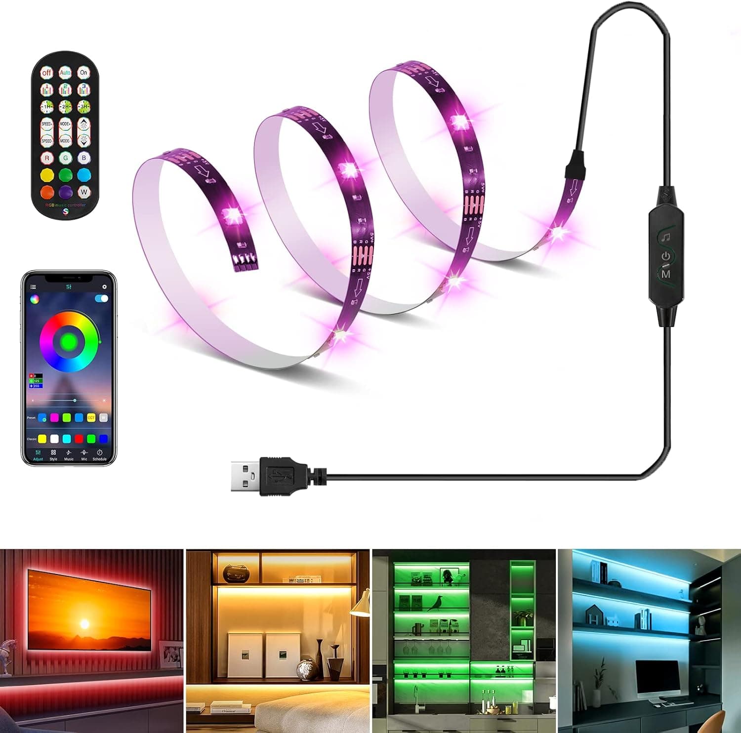 HOUHUI LED Strip Lights with Remote, 1.64ft RGB LED Lights Strip for TV LED Backlight, App Control 5050 4-Pin USB Bias Lighting for Desk, Available as USB Powered Accessory 4 or 6 Precut LED Strip