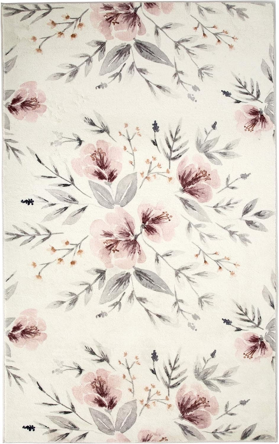 Levtex Home - Adeline Flowers - Rug/Carpet - 5 x 7 (60in. X 84in.) - Pink, Grey and Cream - 100% Polyester - Woven Fabric Backing - Bedroom, Playroom, Family Room or Kids' Room