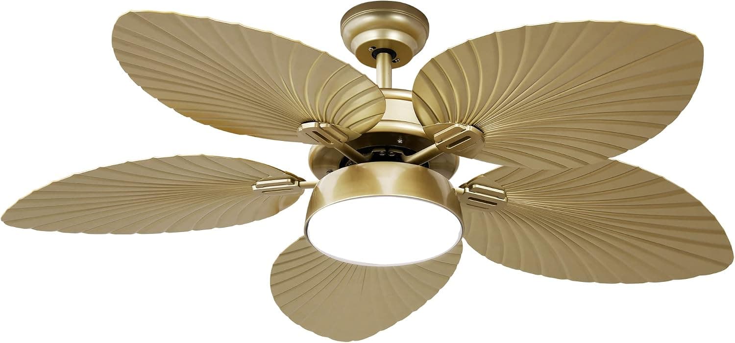 YITAHOME Tropical Ceiling Fans with Light and Remote, 52 Inch Fan Light with Memory Function, Lights Colors Changing, Quiet Motor, Timer, Palm Leaf Blades for Outdoor/Indoor - Gold