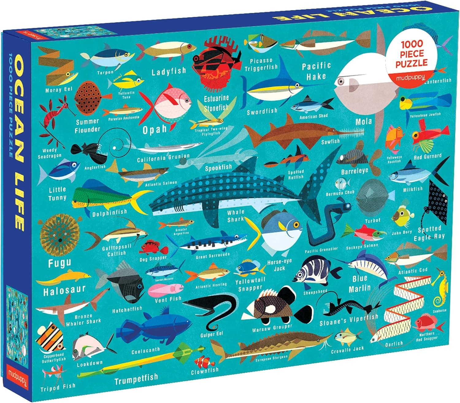Mudpuppy Ocean Life 1000 Piece Jigsaw Puzzle for Adults and Families, Family Puzzle with Colorful Illustrations of Fish, Sharks and Ocean Life , Blue