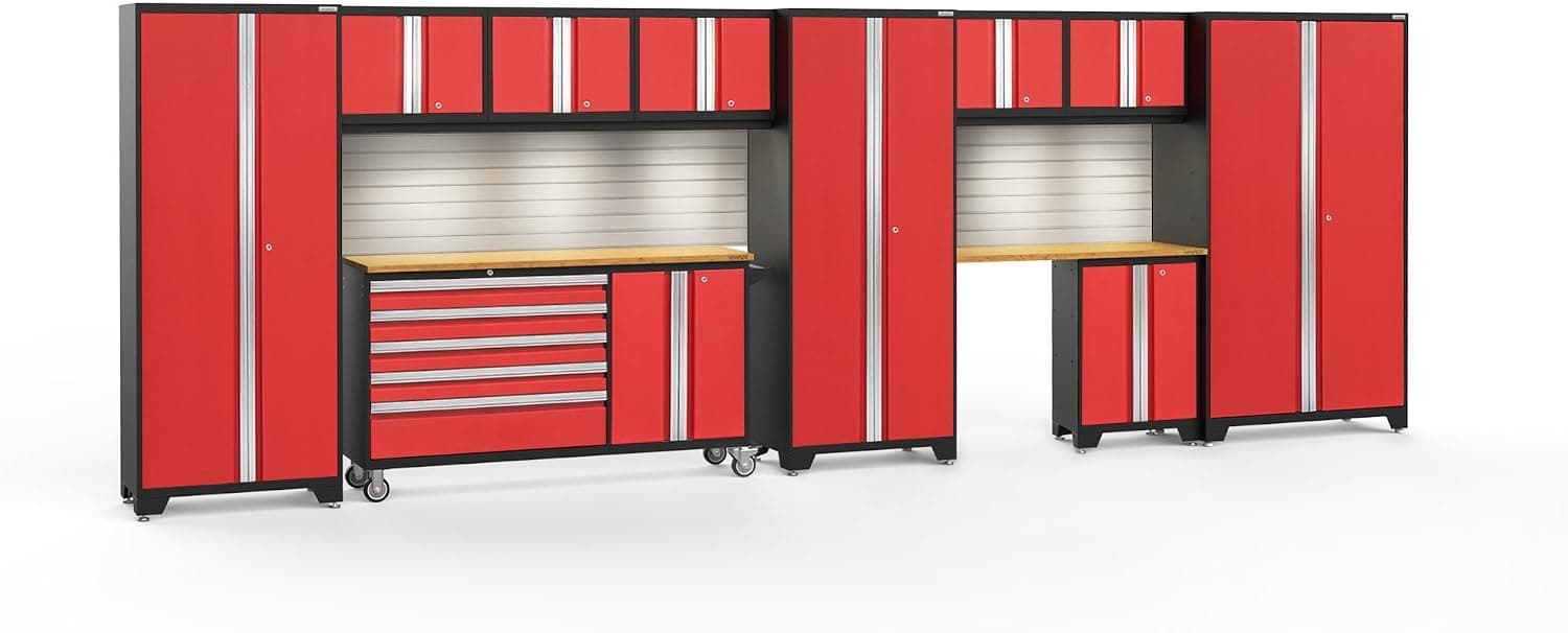 NewAge Products Inc. Bold 3.0 Garage Cabinets, Include Lights/Include Backsplash, Red with Bamboo Worktop