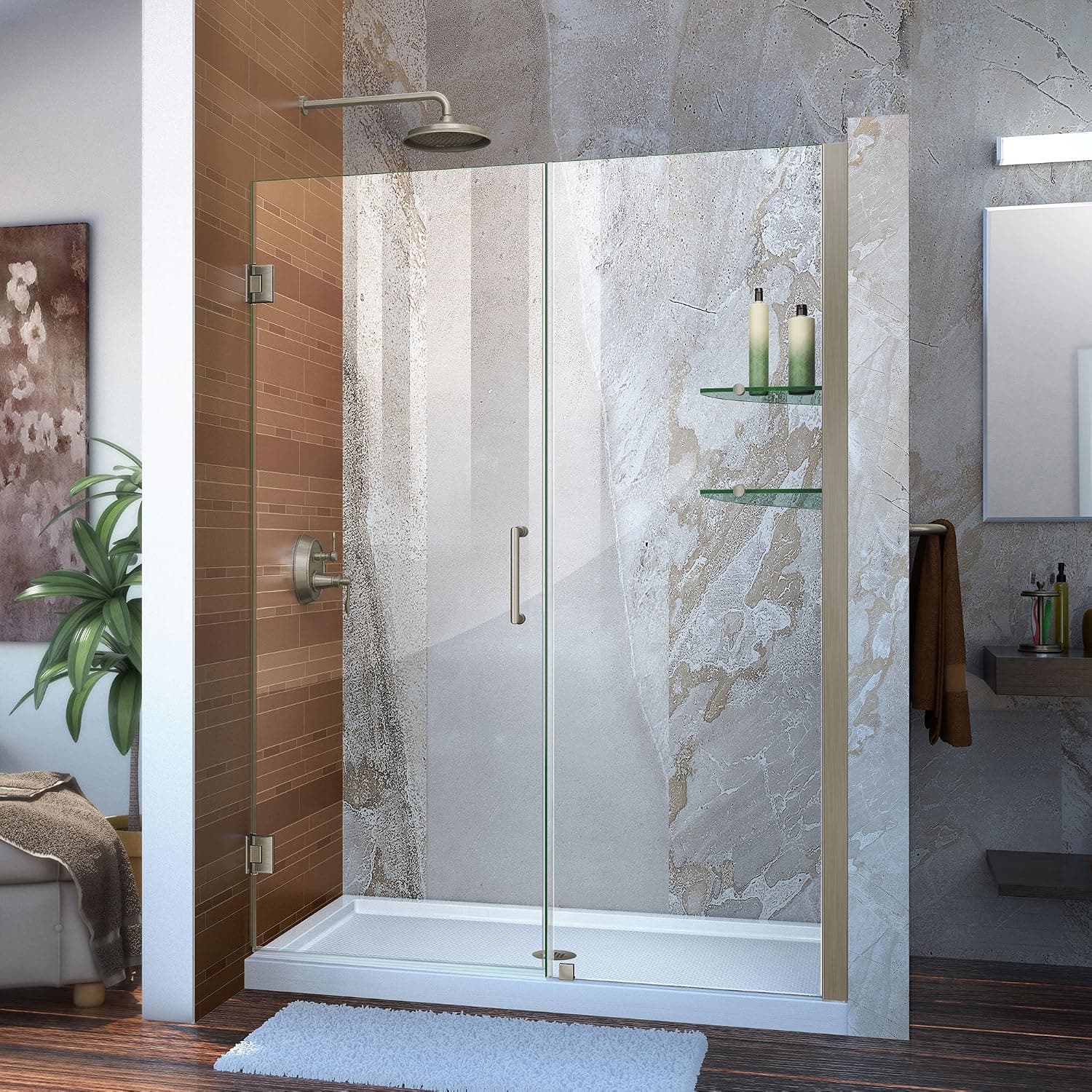 DreamLine Unidoor 52-53 in. W x 72 in. H Frameless Hinged Shower Door with Shelves in Brushed Nickel, SHDR-20527210S-04