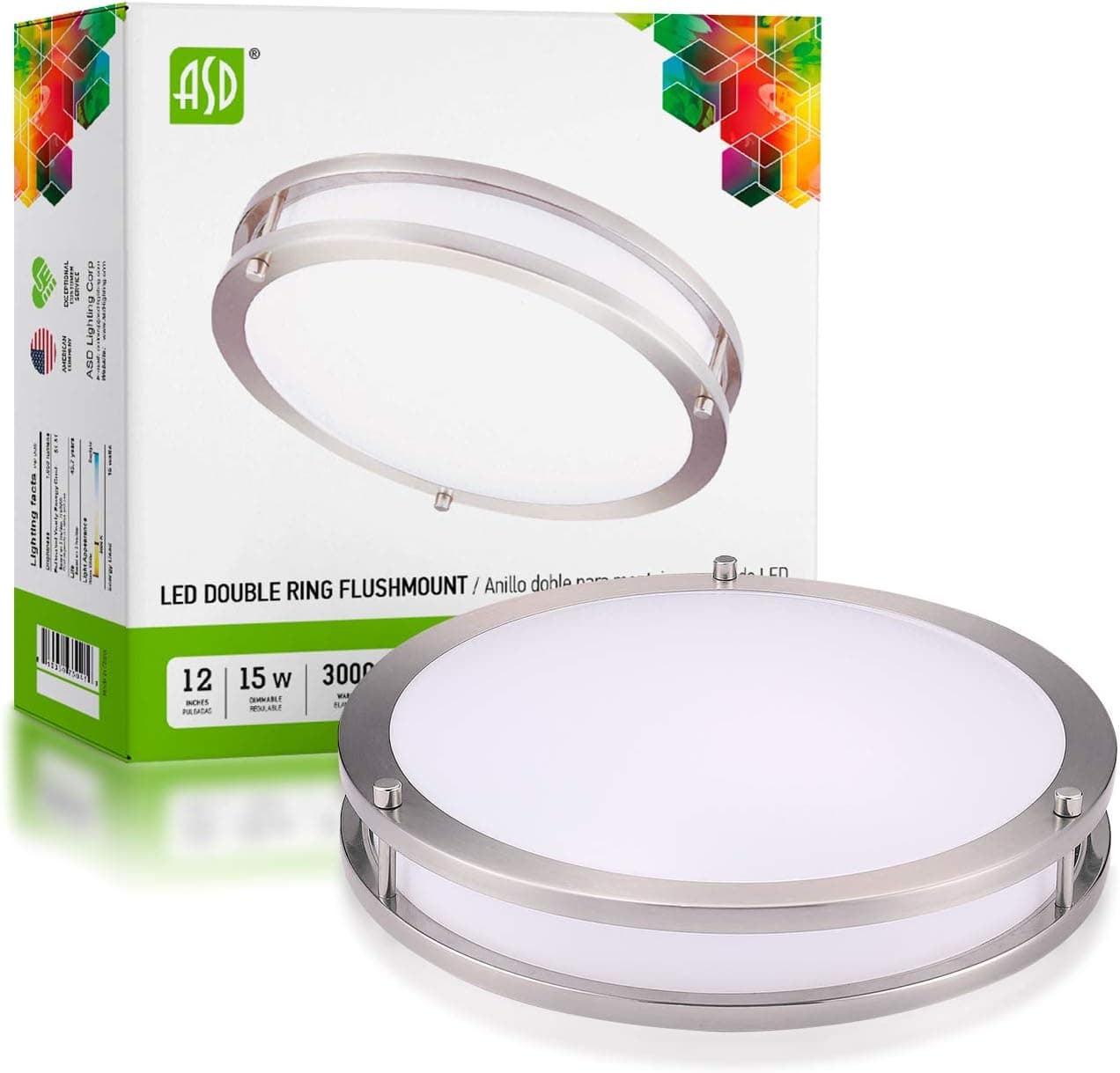 ASD 12 Inch Flush Mount Ceiling Light, LED Dimmable Close to Ceiling Light Fixture for Kitchen Hallway Laundry, Brushed Nickel, 15W (120W Replacement), 1050 Lm, 3000K, Energy Star, ETL