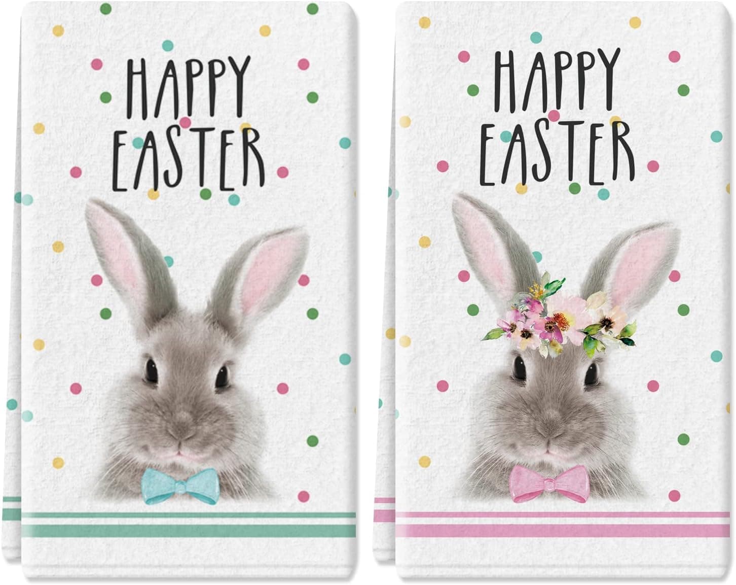 AOKE Mode Mr & Mrs. Rabbits Kitchen Dish Towels Set of 2, 18 x 26 Inch Seasonal Spring Easter Bunny Ultra Absorbent Drying Cloth Tea Towels for Cooking Baking