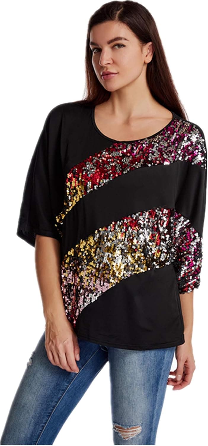 Women's Sparkly Sequin Blouse Batwing Sleeve Glittery Tank Tops Costume T-Shirts