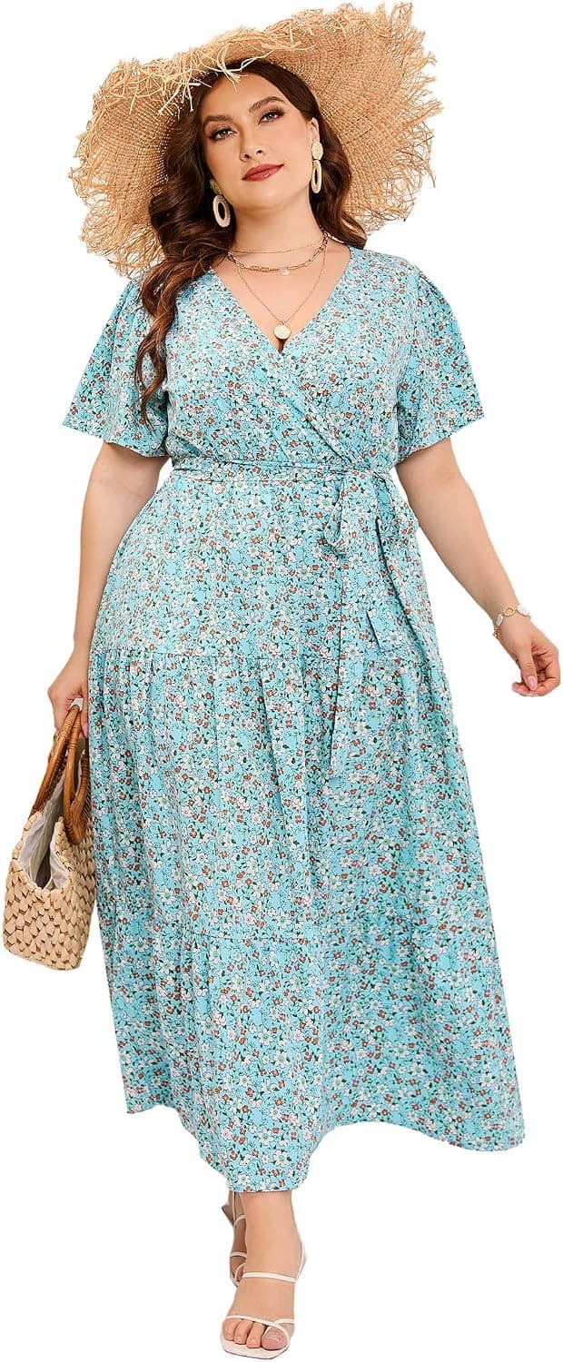 KOJOOIN Women Plus Size V Neck Wrap Maxi Dress Flutter Short Sleeve High Waist Ruffle Summer Casual Dress with Belt