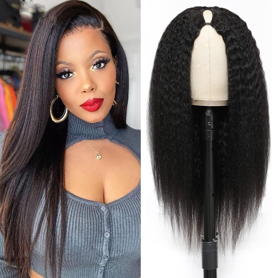 DMS V Part Wig Human Hair Wigs for Black Women Kinky Straight V Part Wig 12A Virgin Hair No Lace Upgrade U Part Human Hair Wigs Full Head Clip in Half Wig V Shape Wigs (18inch)