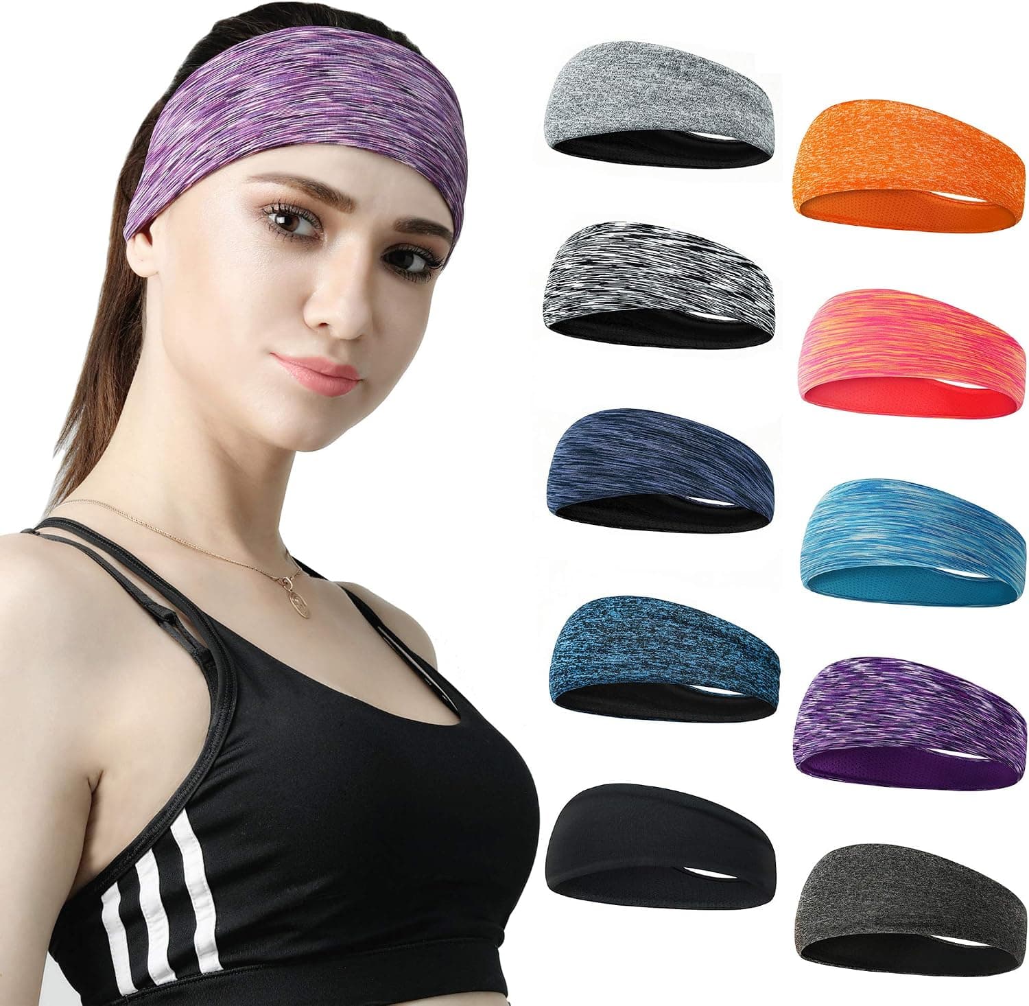 DASUTA Set of 10 Women's Yoga Sport Athletic Headband For Running Sports Travel Fitness Elastic Wicking Workout Non Slip Lightweight Multi Headbands Headscarf fits All Men & Women (Style 2 - 10 Color)