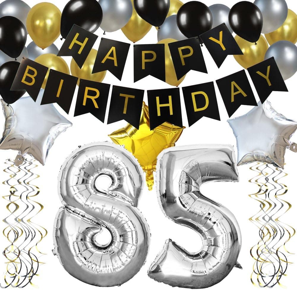 KUNGYO Classy 85TH Birthday Party Decorations Kit-Black Happy Brithday Banner,Silver 85 Mylar Foil Balloon, Star, Latex Balloon,Hanging Swirls, Perfect 85 Years Old Party Supplies