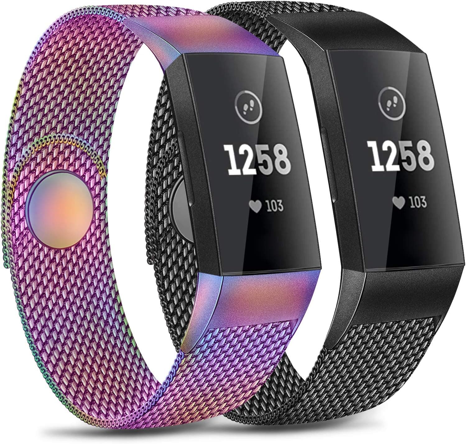 Pack 2 Metal Loop Bands Compatible with Fitbit Charge 4 / Charge 3 / Charge 3 SE Bands, Stainless Steel Magnetic Replacement Metal Band (Black + Colorful, Large)