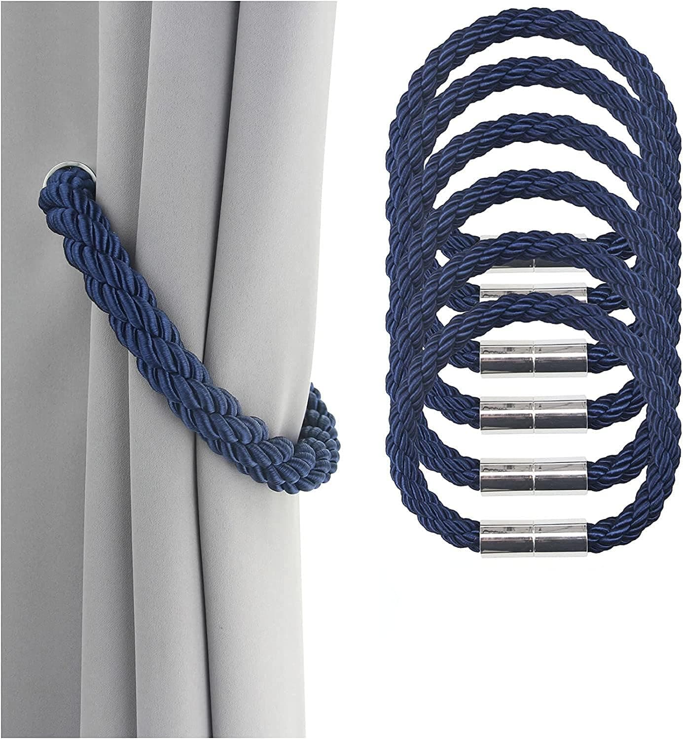 APIWO Curtain Tiebacks Magnetic, Curtain Clipscurtain Clips for Drapes, Holders Megnetic Decorative Weave Rope Clips Window Sheer Blackout Panels Home Office (Bule, 6PACKS)