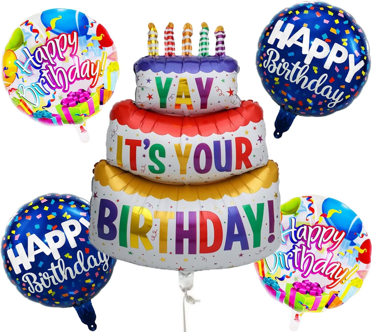 Happy Birthday Balloon, 40'' Three Layer Colorful Cake Balloon and 4 Pcs 18'' Round Foil Aluminum Balloon for Happy Birthday Party Scene Decoration (YAY)