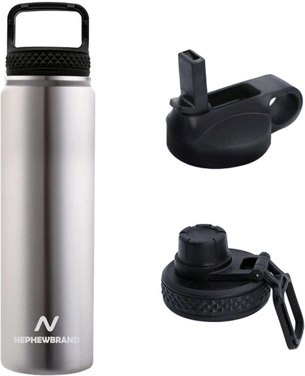 NEPHEWBRAND Sport Water Bottle - 24 oz Wide Mouth Vacuum Insulated With 3 Lids. Leak Proof, BPA Free - Silver